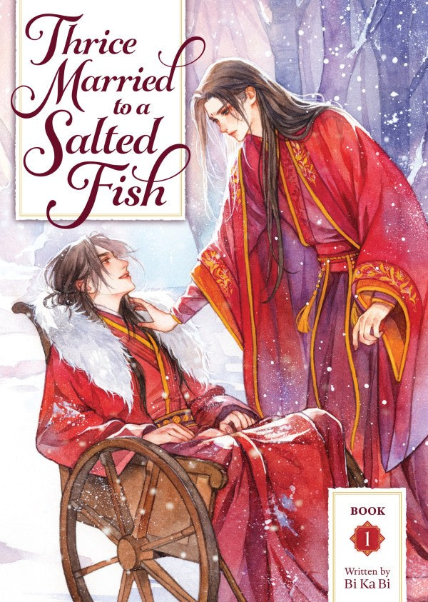 Book cover of 'Thrice Married to a Salted Fish' with two characters in traditional attire.