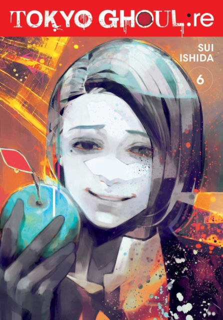 Cover of 'Tokyo Ghoul:re' Volume 6 featuring a character with white face makeup holding an apple.