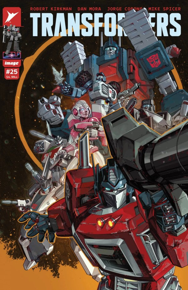 Comic book cover featuring Transformers robots on a dynamic background
