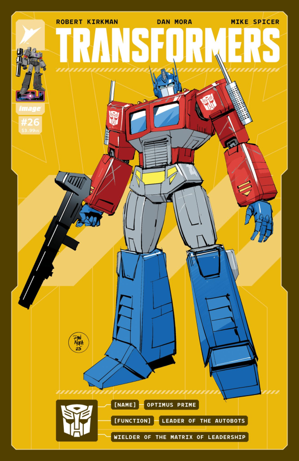 Transformers comic book cover featuring Optimus Prime on a yellow background