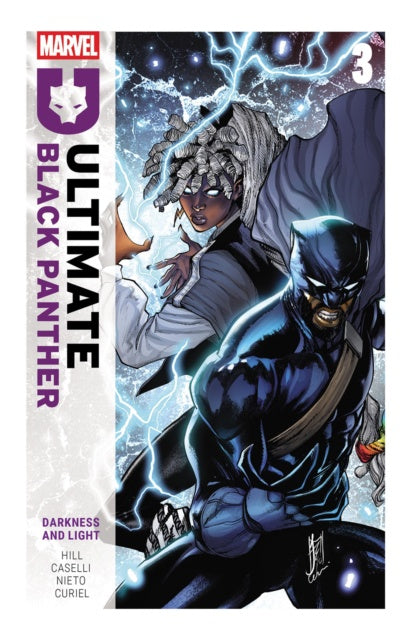 Comic book cover featuring Black Panther and a woman with white hair, titled 'Ultimate Black Panther'.