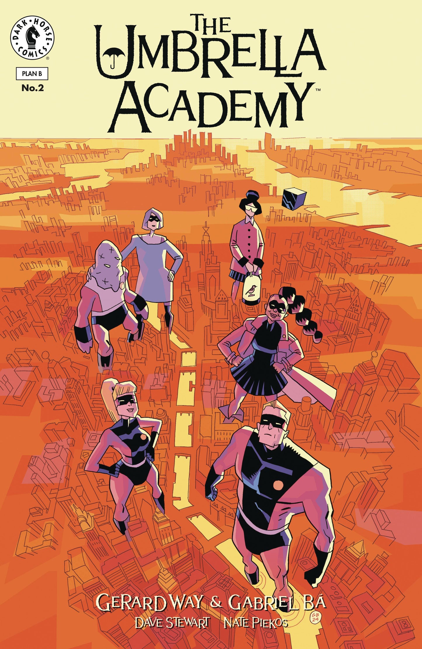 Comic book cover of 'The Umbrella Academy' with characters in superhero poses on an orange cityscape background.