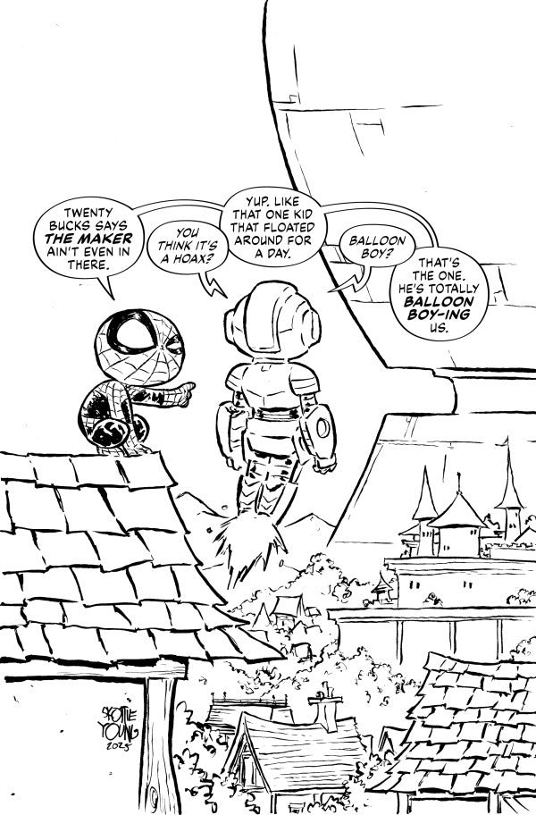 Comic strip with robots on rooftops and a cityscape in the background