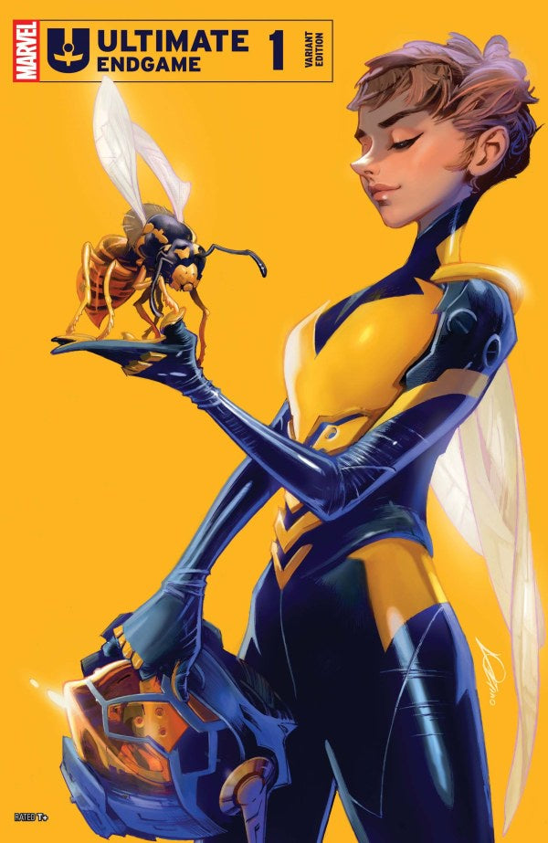 Comic book cover featuring a character in a blue and yellow suit holding a wasp, with 'Marvel Ultimate Endgame' branding.