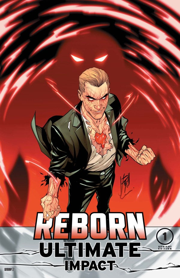 Comic book cover featuring a character with a red background and text 'Reborn Ultimate Impact'.