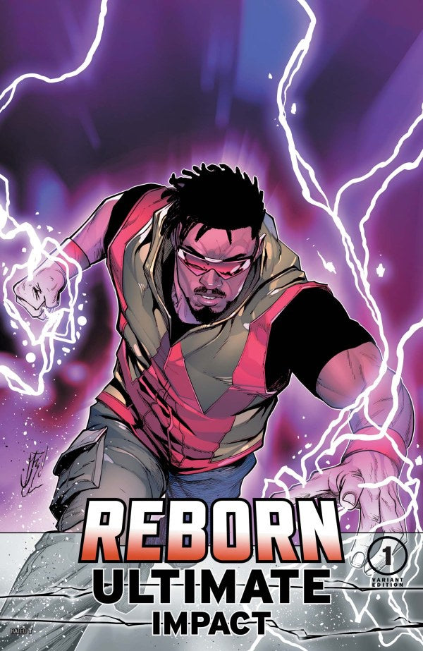Comic book cover featuring a superhero with lightning effects and 'Reborn Ultimate Impact' text.