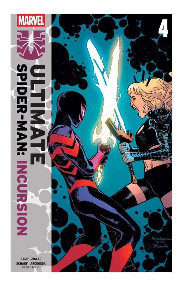 Comic book cover featuring two characters facing each other with a sword, Marvel logo visible