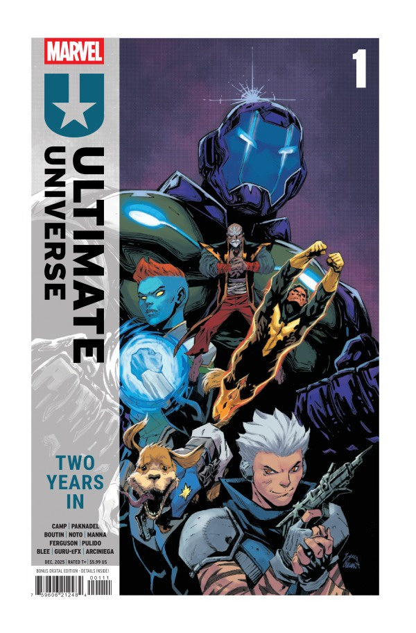 Comic book cover featuring characters from Marvel's Ultimate Universe with a blue and purple color scheme.