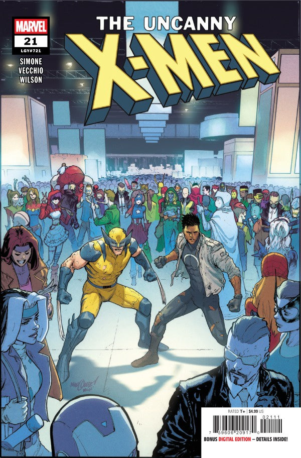 Comic book cover of 'The Uncanny X-Men' featuring characters in a crowded room.