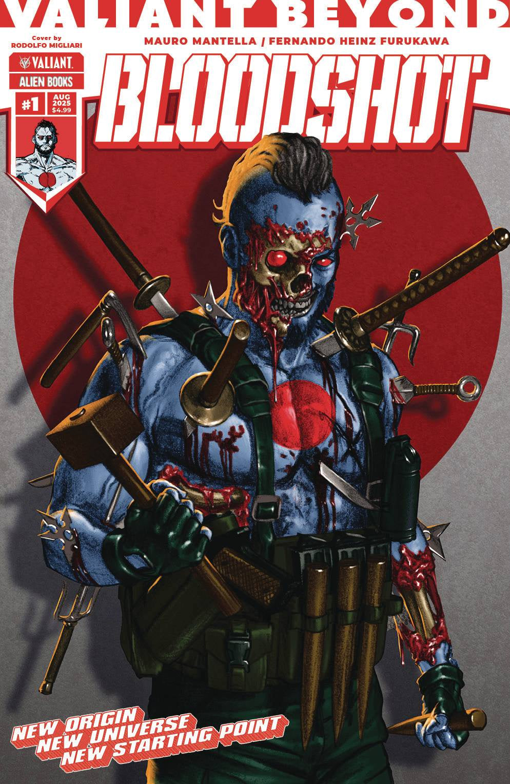 Comic book cover featuring a character with a red heart and weapons, with 'Valiant' branding.