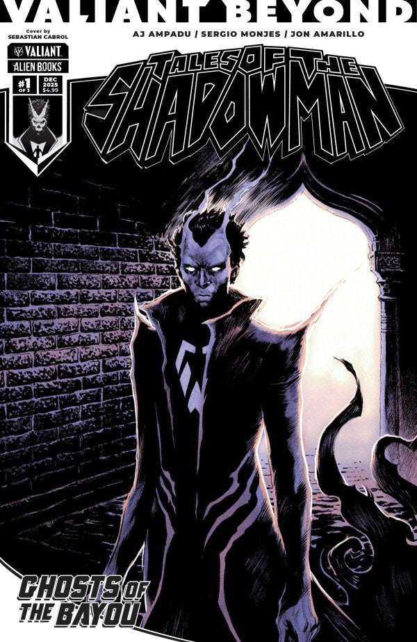 Comic book cover featuring a character in a dark suit with horns, set against a brick wall.