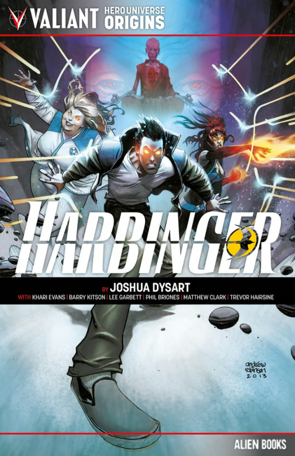 Comic book cover of 'Harbinger' with characters in action poses on a dynamic background.