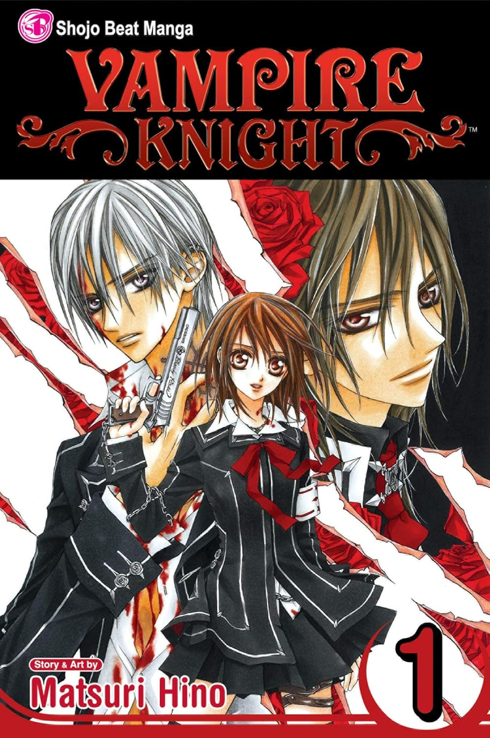 Cover of 'Vampire Knight' manga with three characters and red roses.