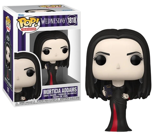 Funko Pop! vinyl figure of Morticia Addams from The Addams Family, next to its packaging.
