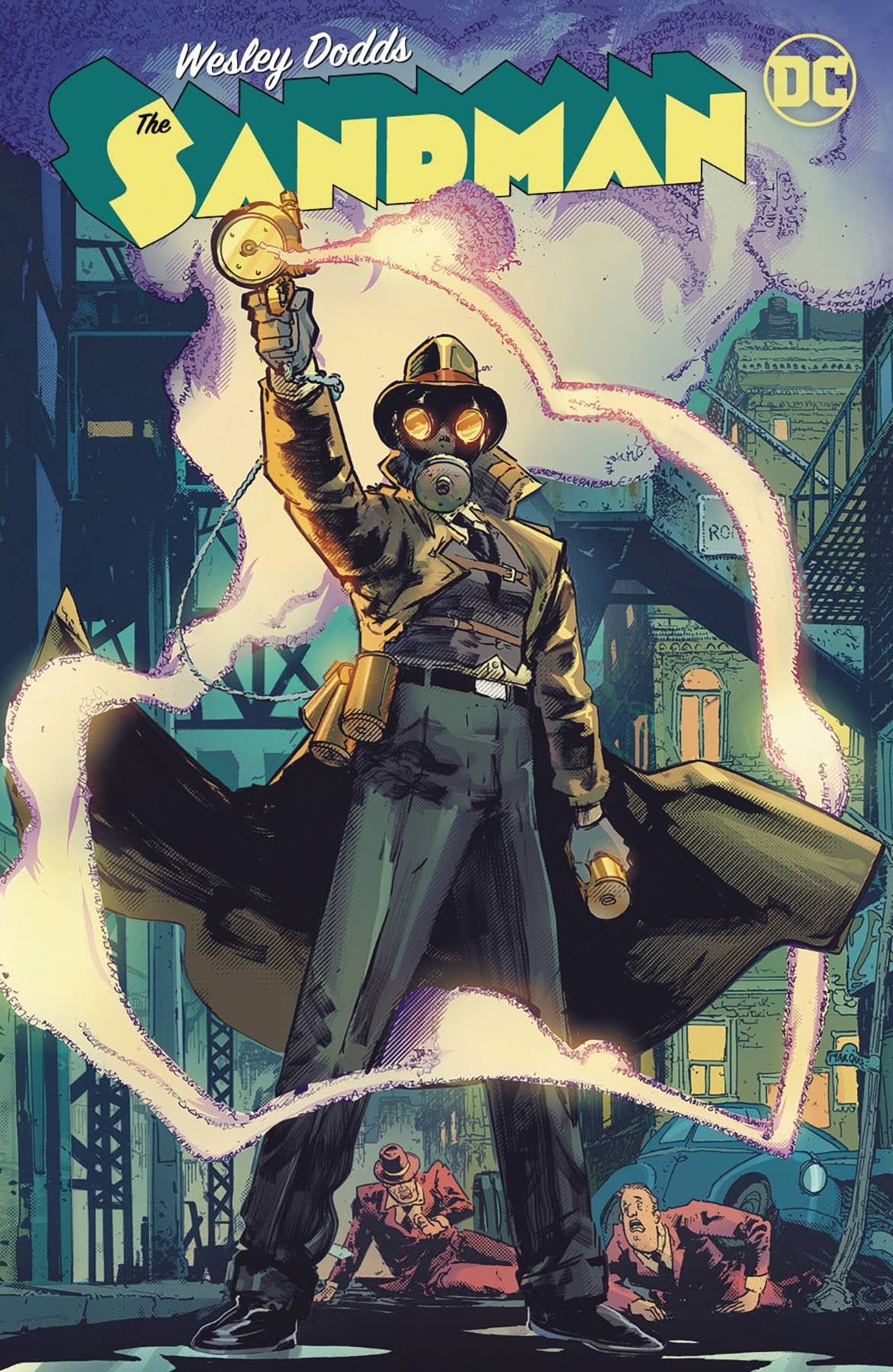 Cover of 'Wesley Dodds: The Sandman' trade paperback featuring a character in a black coat and hat, holding a gun, with a cityscape background and lightning bolts.
