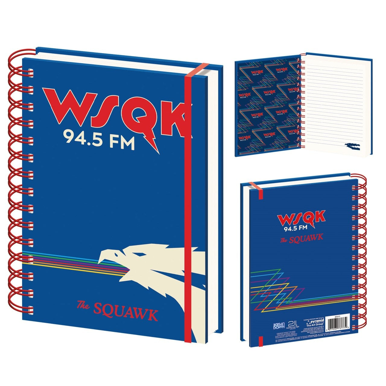 Blue notebook with red and white text and design, featuring 'WSQK 94.5 FM' and a logo.