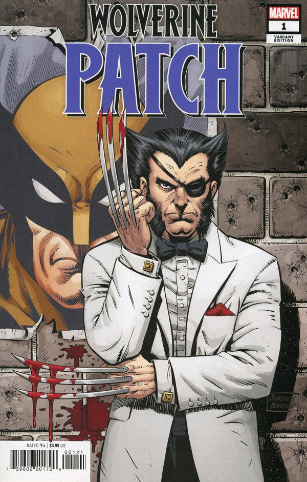 Comic book cover featuring a character in a formal suit with a mask and weapon, titled 'Wolverine Patch'.