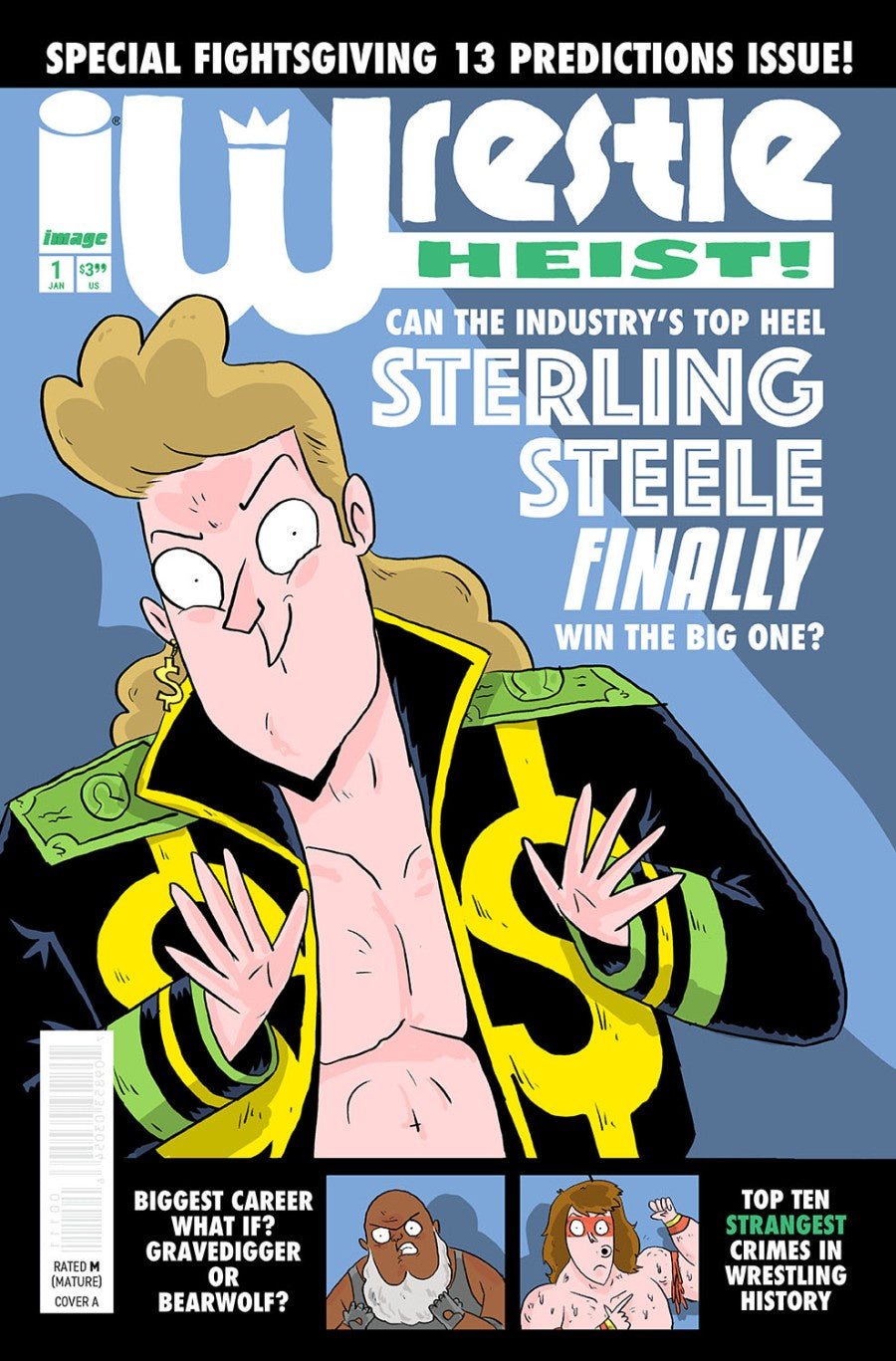 Comic book cover featuring a character in a wrestling outfit with promotional text.