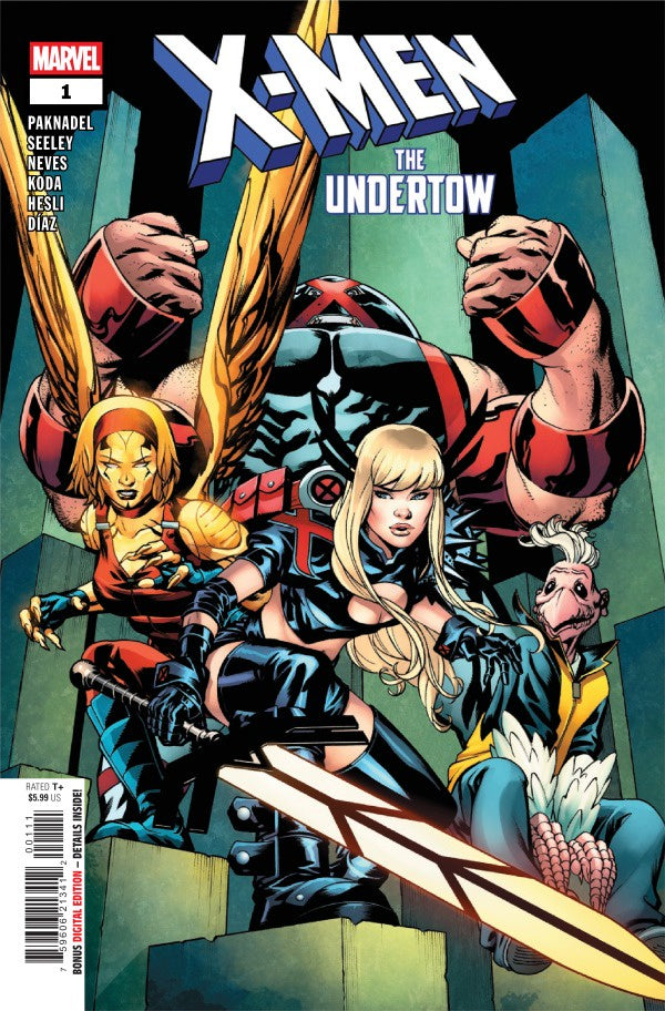 Comic book cover featuring X-Men characters with a cityscape background