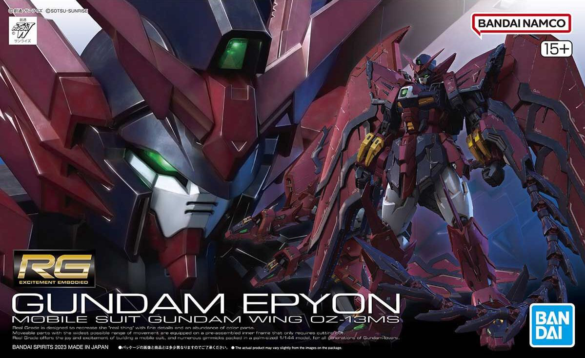 Packaging for the 1/144 RG Gundam Epyon model kit featuring the eponymous character in a dynamic pose with red and silver armor accents, alongside a display of included parts and accessories.