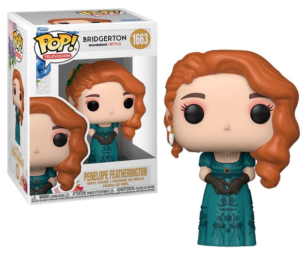 Funko Pop! collectible figurine of Penelope Featherington from the Bridgerton series, number 1663, in the packaging box.