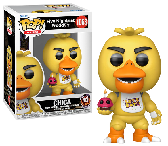Funko Pop! vinyl figure of Chica from Five Nights at Freddy's, model number 1063, in collector's packaging.