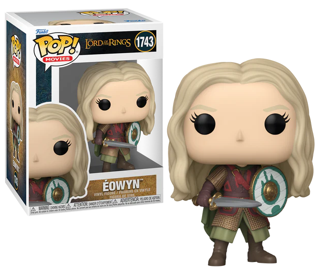 A Funko POP! figure of Eowyn from The Lord of the Rings, wearing a Rohirrim warrior costume, holding a sword and a shield.