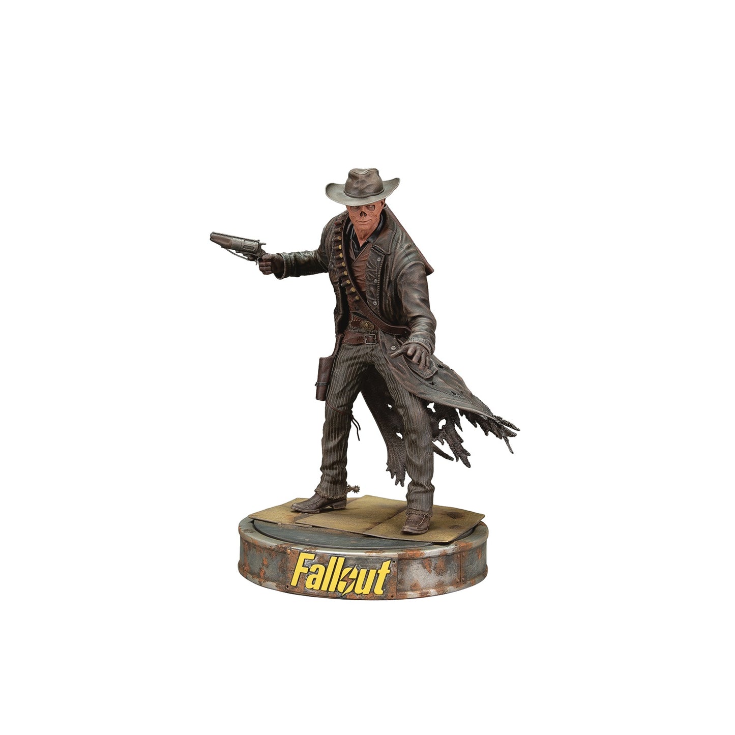 A hand-painted, PVC figure of a character from the Fallout series, standing on a circular base with the name 'Fallout' printed on it.