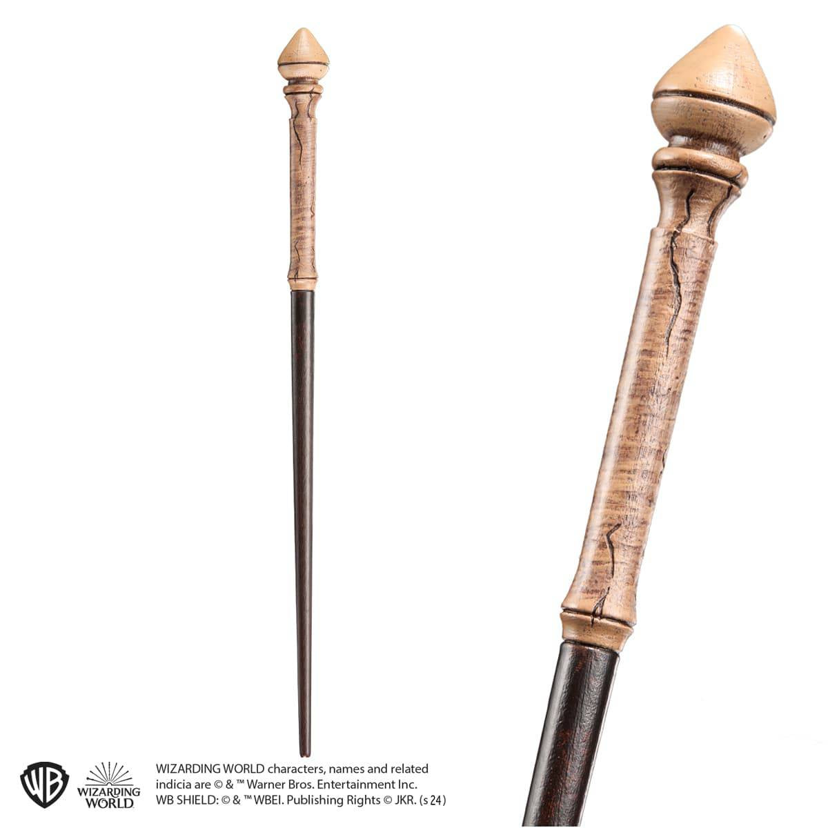 A collectible prop replica of Hermione Granger's first wand in a blue Ollivanders box, featuring a wooden design with a visible grain pattern.
