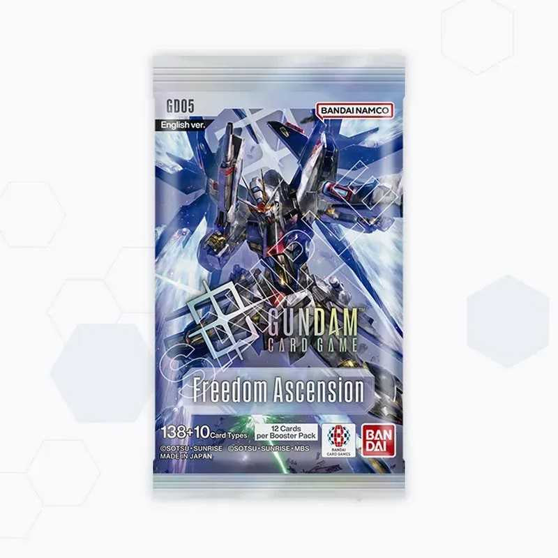 A sealed Bandai Namco Gundam Card Game booster pack labeled 'Freedom Ascension' with a blue and white sci-fi mecha illustration on the front, shown against a light gray background with faint hexagonal shapes.