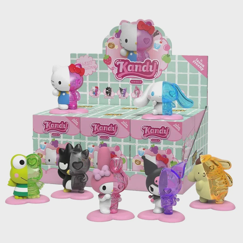 A display of Sanrio character blind box figures with a Hello Kitty theme, featuring various colorful character designs inspired by candy.