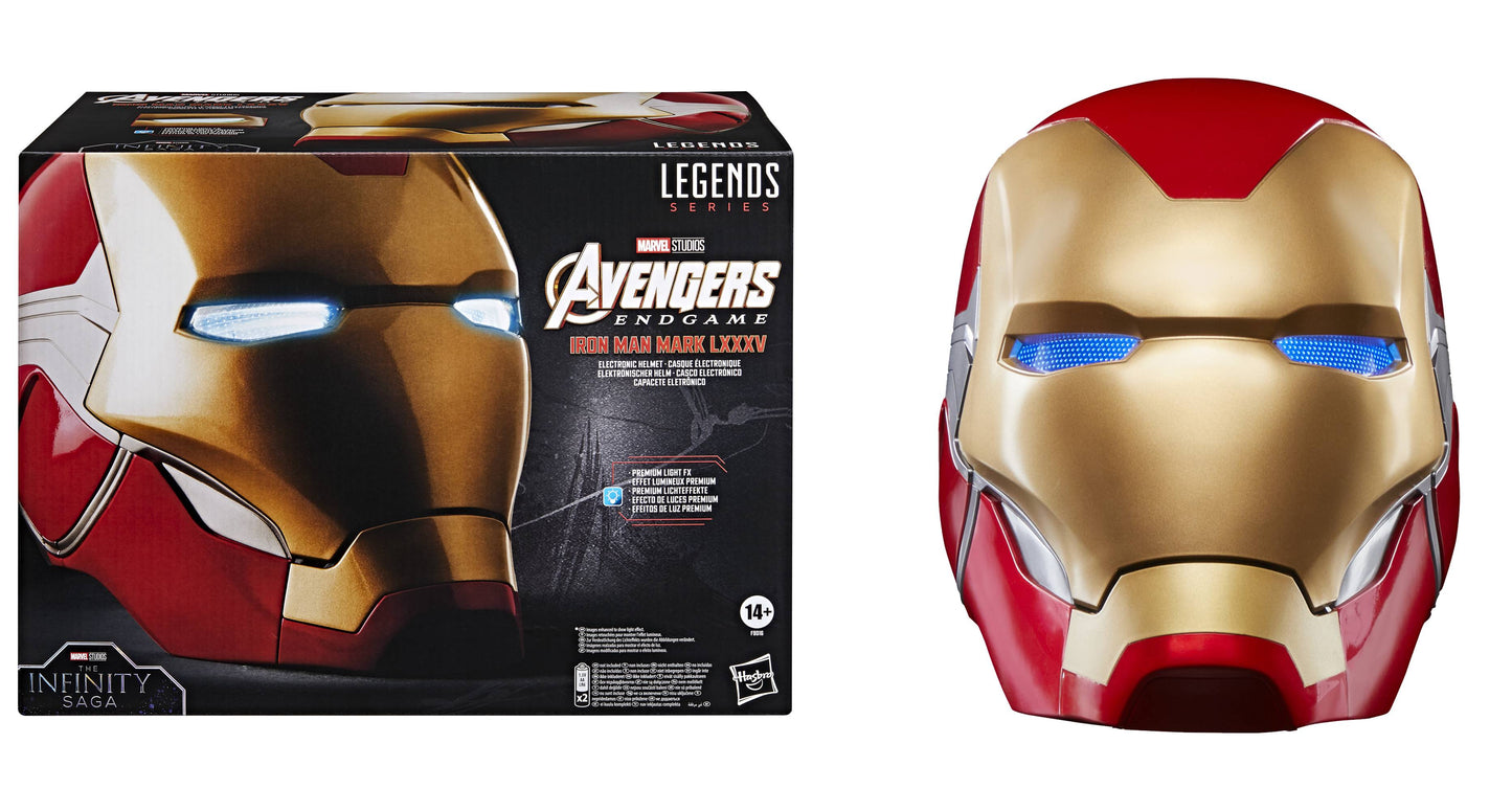 A replica of Iron Man's Mark 85 helmet from Marvel Studios' Avengers: Endgame, featuring light-up eyes and a gold and red color scheme.