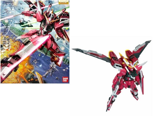 The image shows the packaging of a GUNDAM MG 1/100 ZGMF X19A Infinite Justice Gundam Model Kit alongside a built model of the same Gundam.