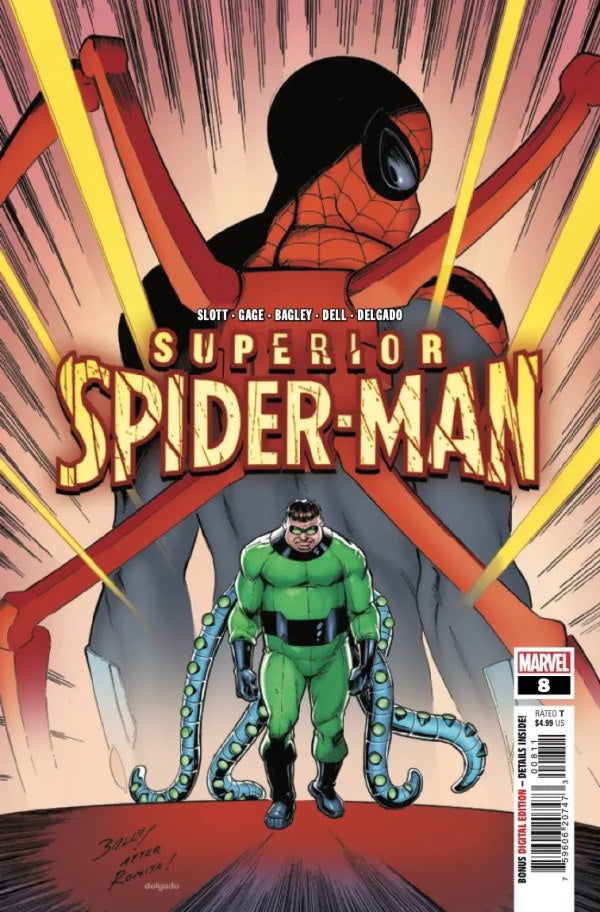 Comic book cover featuring 'Superior Spider-Man' with a superhero and villain on a dynamic background.
