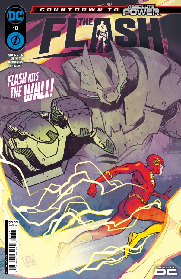 Comic book cover featuring The Flash and a robot with text 'Flash hits the wall' on a purple background.
