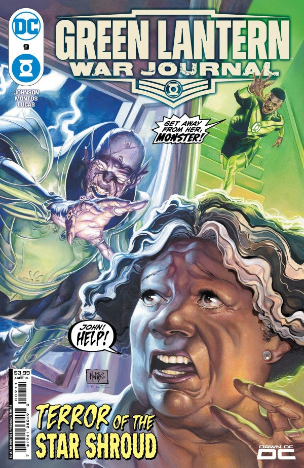 Comic book cover of 'Green Lantern War Journal' featuring a character with a green lantern and another character with a worried expression.