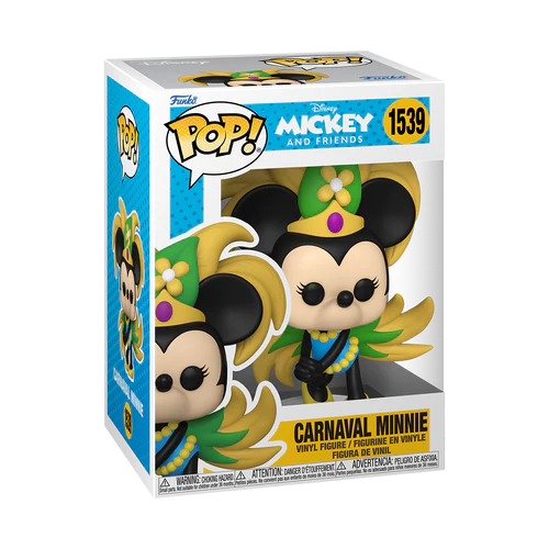 A Funko POP! Disney figurine of Carnaval Minnie from Mickey and Friends series, packaged in a window display box.