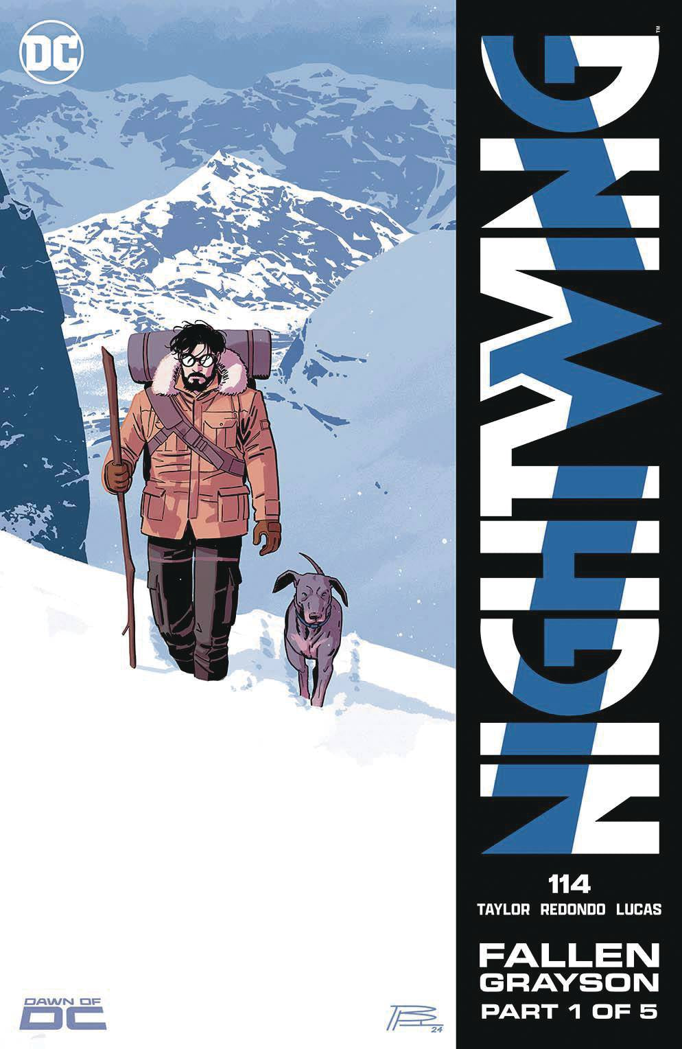 Cover of 'NIGHTWING (2021) TP 07 FALLEN GRAYSON' featuring an illustration of the character Dick Grayson with a dog, in a snowy mountainous setting.