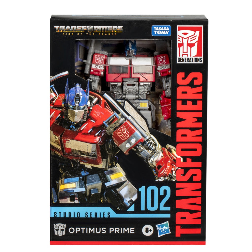 Transformers Studio Series Voyager Class Optimus Prime action figure in its packaging, featuring Optimus Prime in robot mode with red, silver, and white colors.