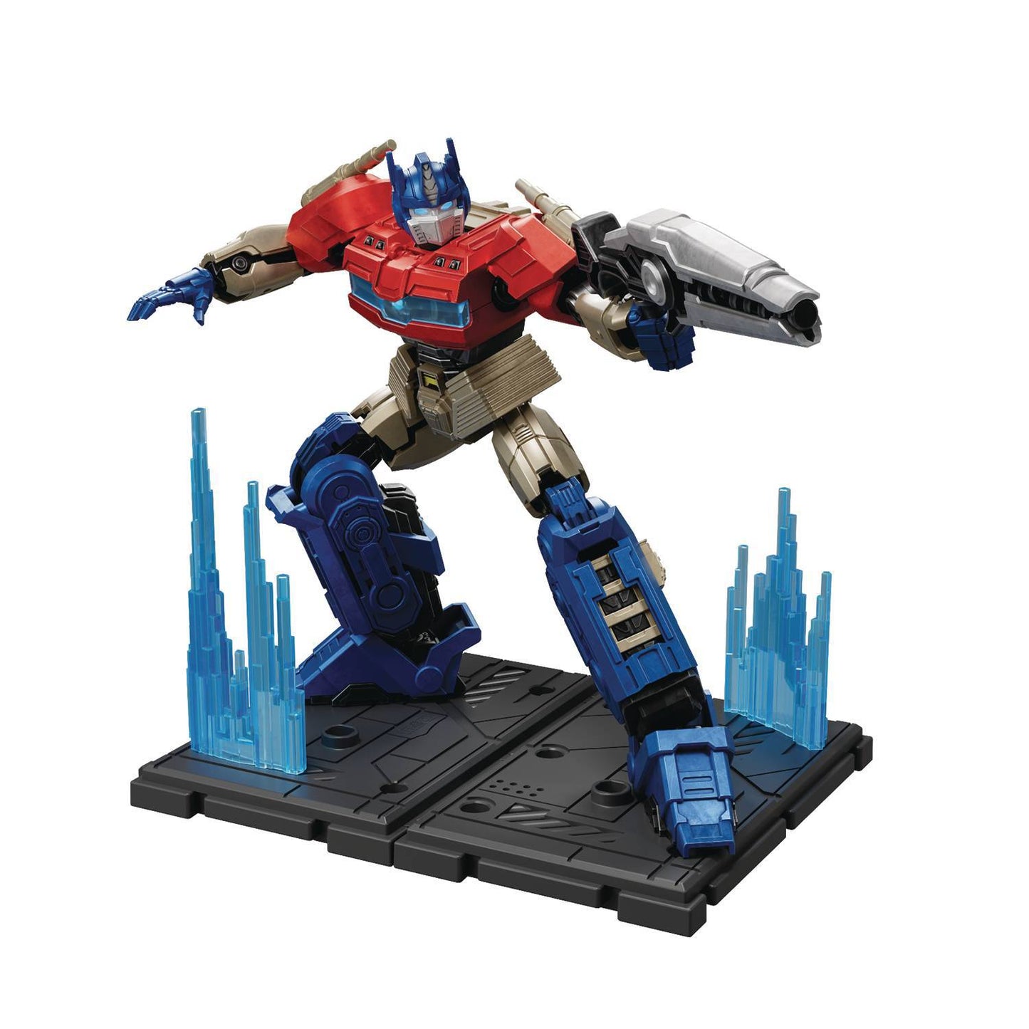 A toy model kit of Optimus Prime from the Transformers series, featuring multiple joints for dynamic posing, assembled in a stand with blue accents.