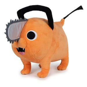 Plush figure of Pochita from Chainsaw Man, colored orange with a black collar and a chainsaw on its head.