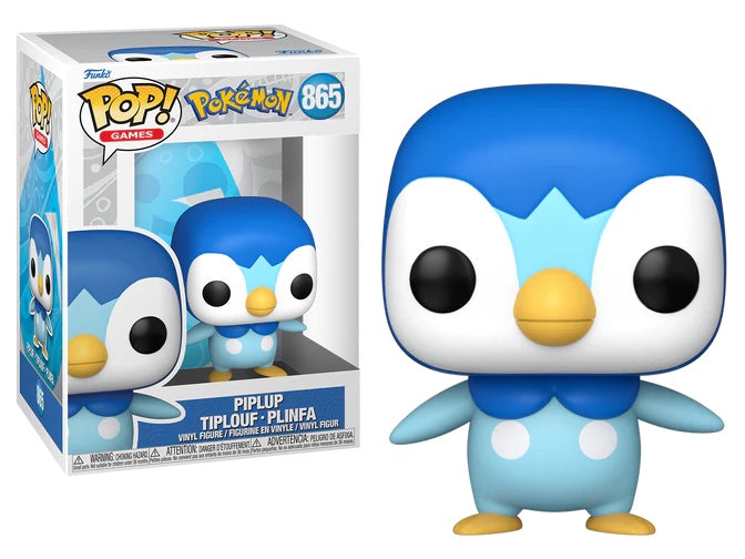 A Funko POP! vinyl figure of Piplup from Pokémon, predominantly blue with white accents, displayed both inside and outside of its packaging.