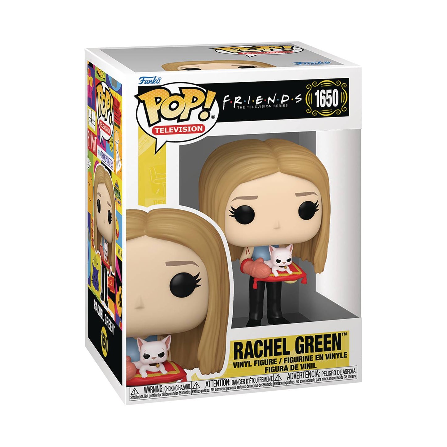 A Funko Pop! vinyl figure of Rachel Green from the TV show Friends, holding a cat, packaged in a white and yellow box with Rachel's name and the product number '1650' displayed.