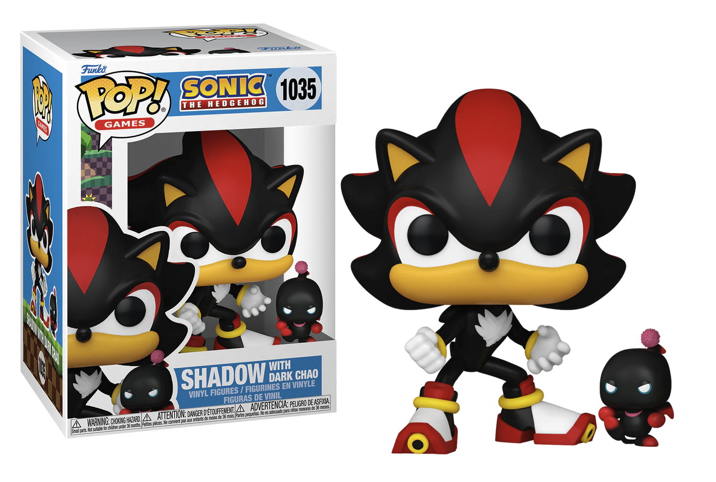 A vinyl figure of Shadow the Hedgehog from Sonic the Hedgehog series, accompanied by a smaller vinyl figure of a Dark Chao, both packaged in a window display box.