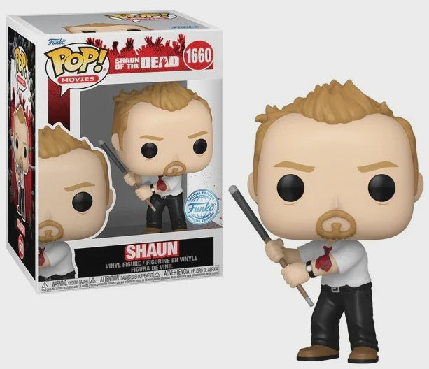 Funko Pop! Shaun of the Dead figurine, model 1660, with a beige background, featuring the character Shaun holding a baseball bat.