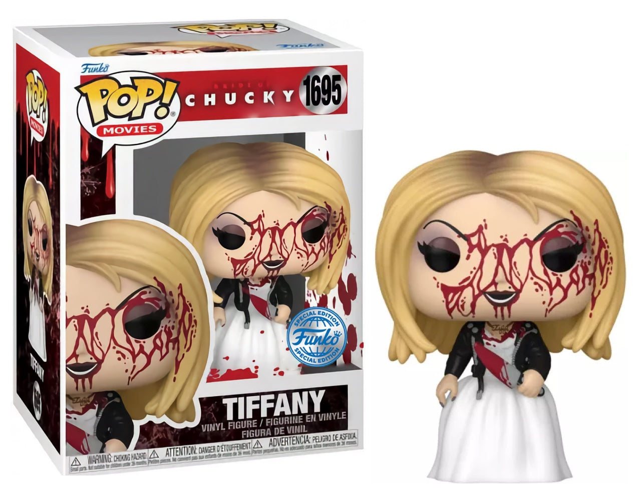 Funko Pop! Bobblehead figure of Tiffany from 'BRIDE OF CHUCKY' with a bloody face and a knife, wearing a white dress.