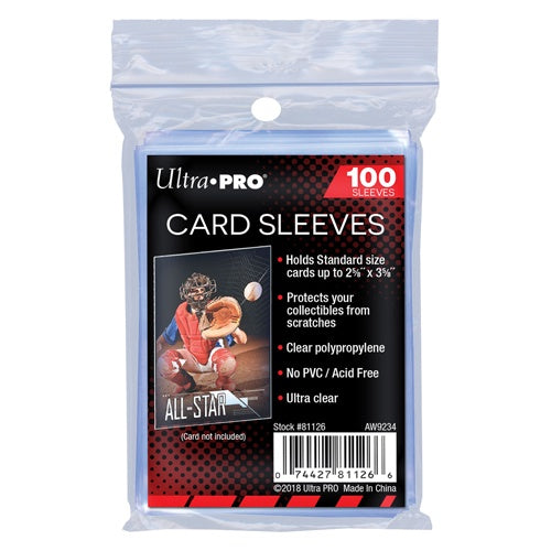 A pack of 100 Ultra PRO brand clear plastic card sleeves for holding standard trading cards.
