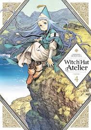 Cover of the manga 'Witch Hat Atelier (Paperback) Vol. 04' featuring an illustration of a female character with a hat and a blue hairpiece, set against a background with mountains and a sunlit sky.