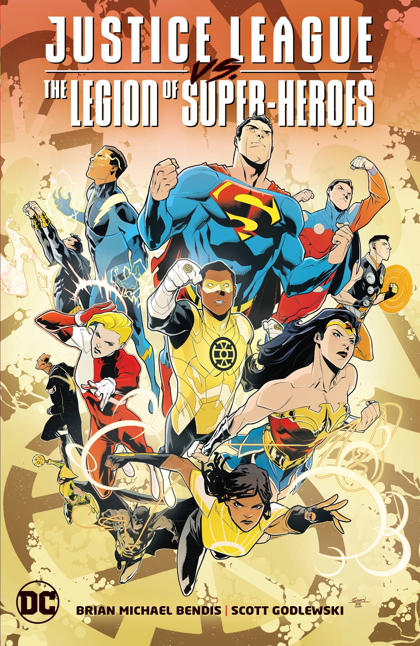 Cover of the graphic novel 'Justice League Vs. The Legion of Superheroes' featuring various superhero characters in action.