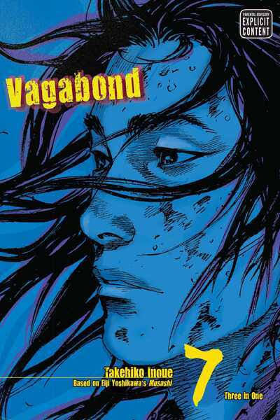 vagabond volume 7 blue and black cover with an image of a man with hair swept in front of his eyes